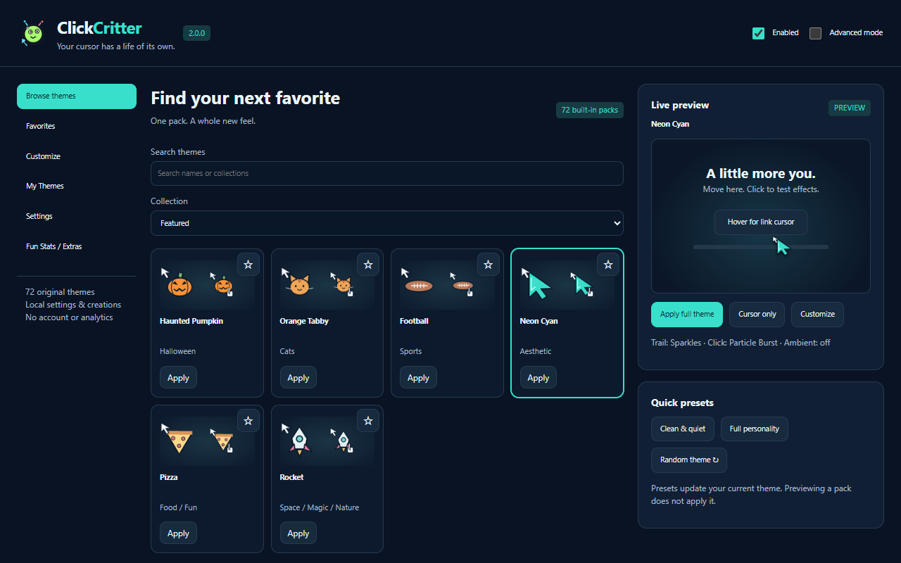 Actual ClickCritter 2.0 Theme Library and live preview