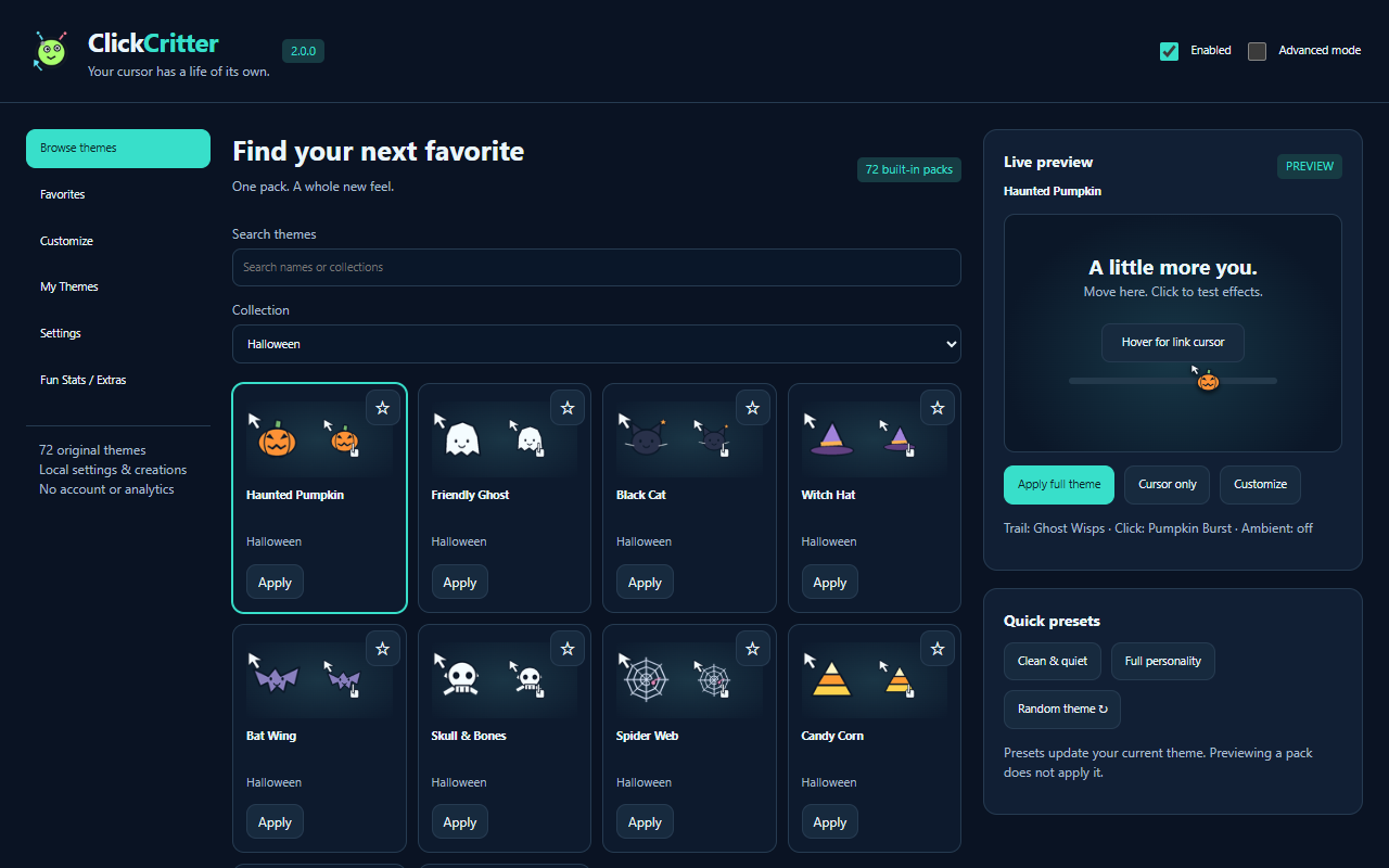 Actual ClickCritter 2.0 Seasonal personalities interface