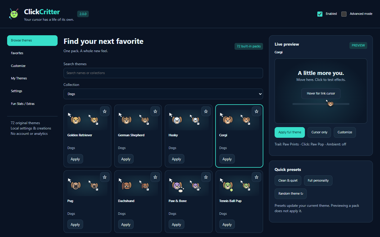 Actual ClickCritter 2.0 Cats, dogs and sports interface