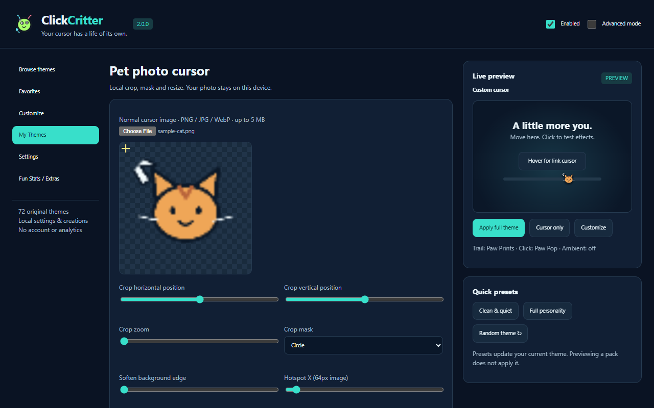 Actual ClickCritter 2.0 Make it yours interface