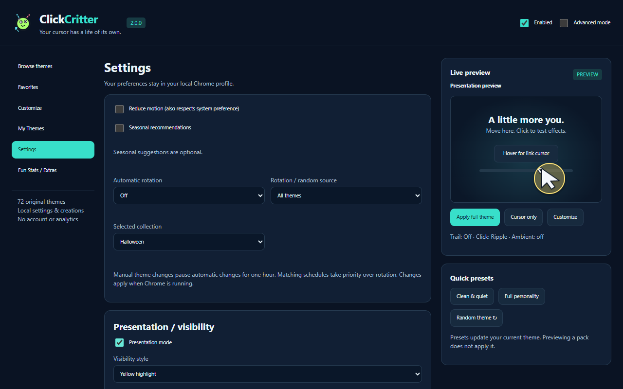 Actual ClickCritter 2.0 Personality with practical visibility interface
